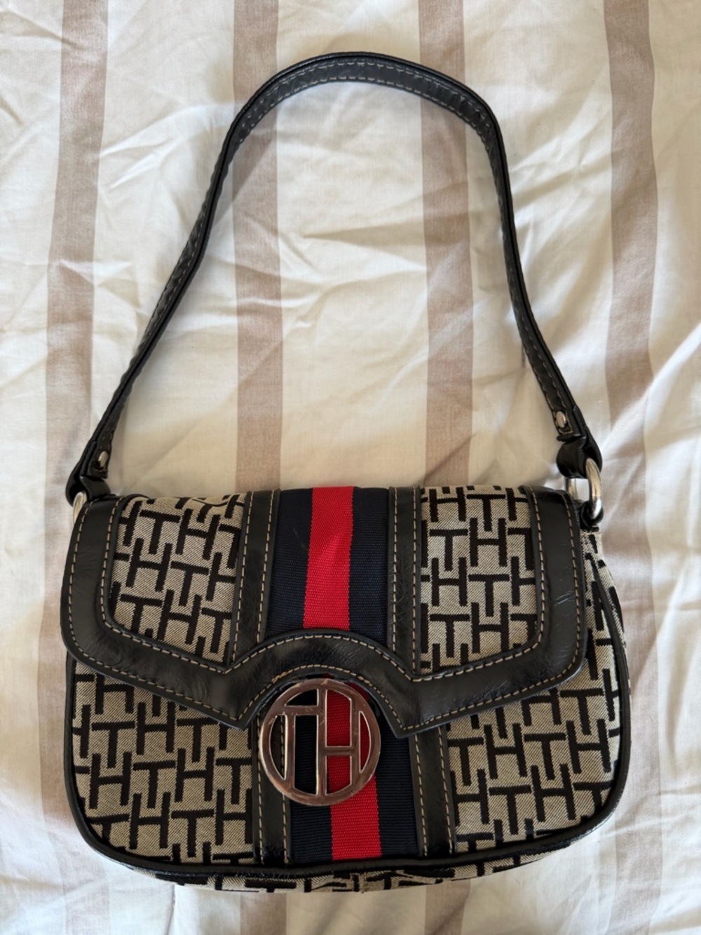 Tommy Hilfiger Black & Red & Navy Monogram Shoulder Bag